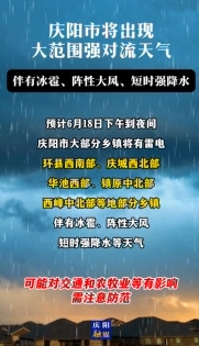 慶陽市將出現(xiàn)大范圍強(qiáng)對流天氣，伴有冰雹、陣性大風(fēng)、短時(shí)強(qiáng)降水